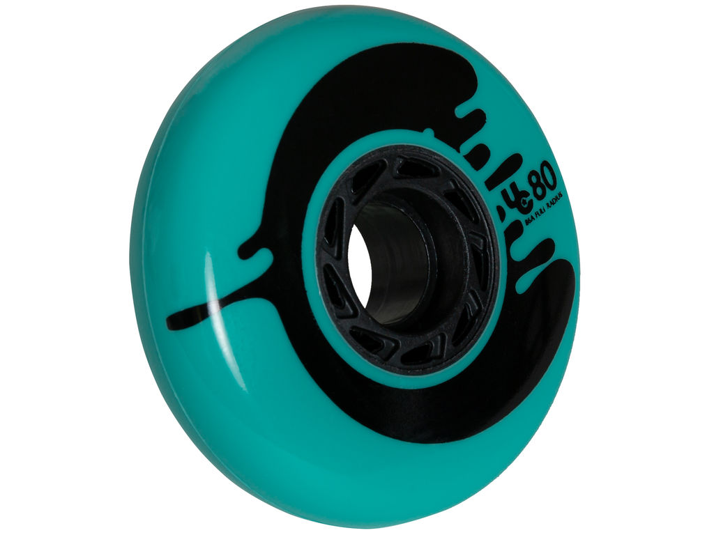 Teal UnderCover Cosmic Roche inline skate wheel of 80 mm and 88A durometer with full radius in side view